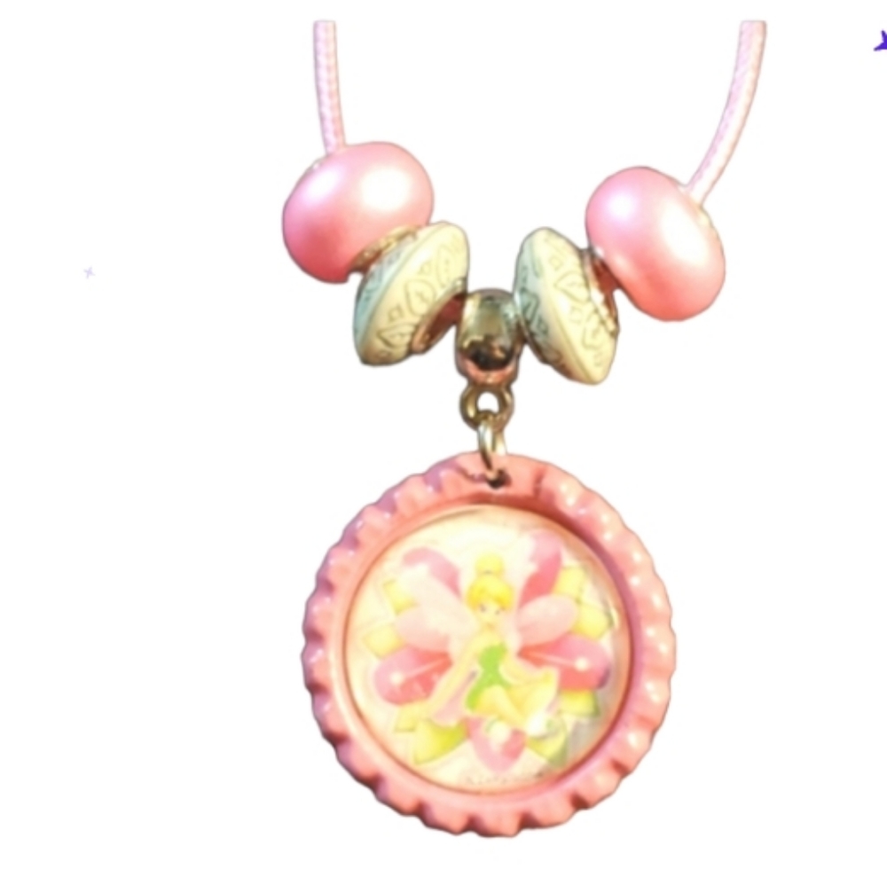Handmade new one of a kind Tinkerbell boho bottlecap necklace